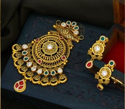 Divine Jewellery 92.5 Silver Gold Plated Temple Pendant Set with Antique Circular Design, Kundan Stones & Statement Earrings