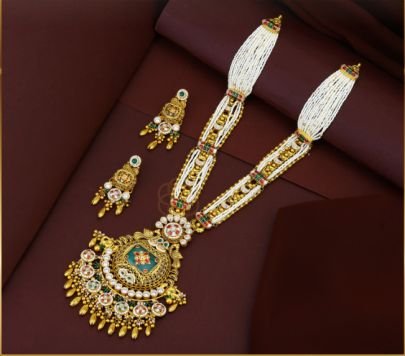 Divine Jewellery 92.5 Silver Gold Plated Temple Long Necklace Set with Pearl Beads, Kundan Stones & Antique Pendant