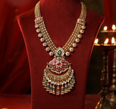 Divine Jewellery 92.5 Silver Gold Plated Bridal Temple Necklace Set with Kundan Stones, Pearl Drops & Antique Pendant