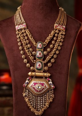 Divine Jewellery 92.5 Silver Gold Plated Bridal Multi Layer Temple Necklace Set with Kundan Stones, Antique Pendant & Bead Layers