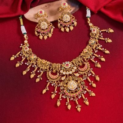 Divine Jewellery 92.5 Silver Gold Plated Antique Temple Choker Necklace Set with Elephant Motifs, Kundan Stones & Statement Earrings