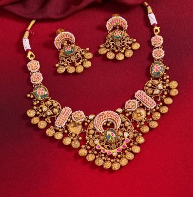 Divine Jewellery 92.5 Silver Gold Plated Antique Temple Necklace Set with Floral Motifs, Kundan Stones & Jhumka Earrings