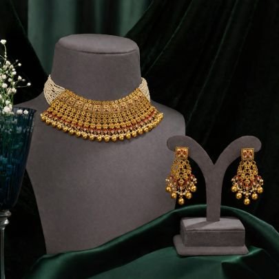 Divine Jewellery 92.5 Silver Gold Plated Rajwadi Choker Necklace Set with Red Stone Detailing & Matching Dangle Earrings
