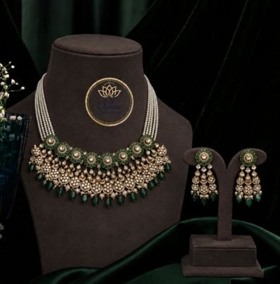 Divine Jewellery 92.5 Silver Gold Plated Pearl Choker Necklace Set with Green Kundan Stones & Matching Chandbali Earrings