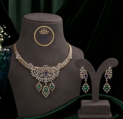 Divine Jewellery 92.5 Silver Gold-Plated Emerald & Sapphire CZ Necklace Set with Earrings | Bridal Party Wear Jewelry