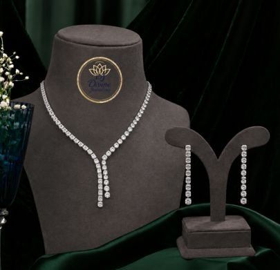 Divine Jewellery 92.5 Silver Tennis Necklace Set for Women | CZ Diamond Elegant Party Wear Necklace with Long Earrings