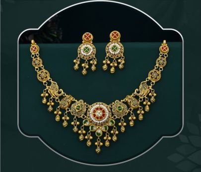 Divine Jewellery – 92.5 Sterling Silver Antique Gold Plated Peacock & Chandbali Necklace Set with Ghungroo Drops
