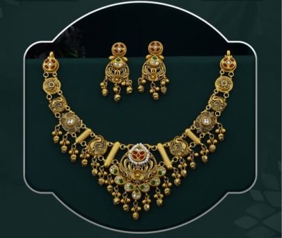 Divine Jewellery – 92.5 Sterling Silver Antique Gold Plated Peacock & Floral Dholki Necklace Set