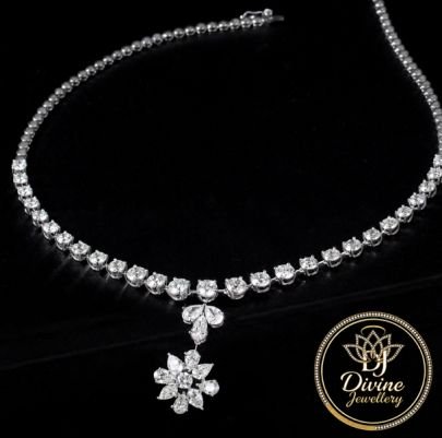 Divine Jewellery American Diamond Tennis Necklace for Women | Elegant Floral Drop Statement Necklace
