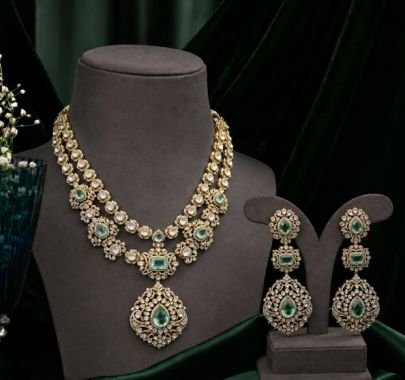 Divine Jewellery American Diamond Mint Green Pendant Necklace Set with Earrings (92.5 Silver Gold Plated)