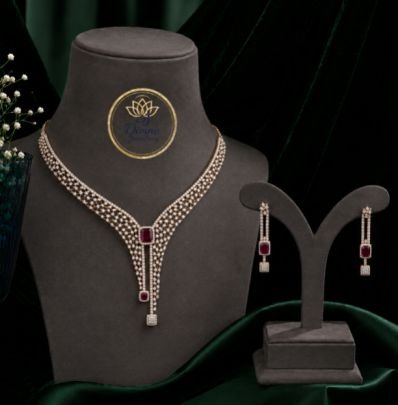 Divine Jewellery American Diamond Necklace Set for Women, CZ Stone Choker Necklace with Matching Drop Earrings, Ruby Red Crystal Party Wedding Jewelry