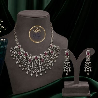 Divine Jewellery American Diamond Necklace Set for Women, Ruby Red CZ Stone Choker Necklace with Matching Earrings, Bridal Wedding Party Wear Jewelry 