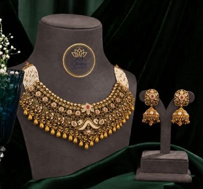 Divine Jewellery Antique Bridal Choker Necklace Set with Jhumka Earrings for Women | Gold Plated Silver Temple Jewellery