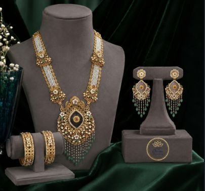 Divine Jewellery Antique Bridal Necklace Set for Women | Gold Plated Silver Long Haram Set with Earrings & Bangles