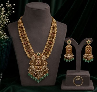 Divine Jewellery Antique Bridal Haram Necklace Set for Women | Gold Plated Silver Temple Jewellery with Jhumka Earrings