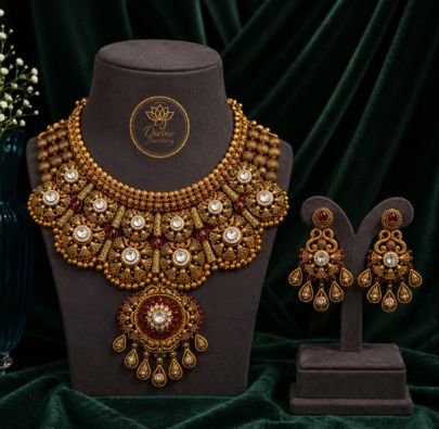 Divine Jewellery Antique Bridal Statement Gold Plated Silver Necklace Set with Earrings