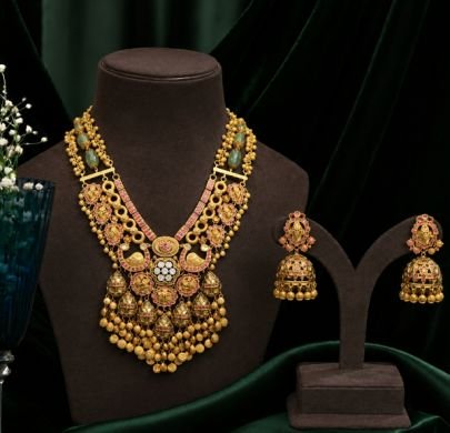 Divine Jewellery Antique Bridal Layered Gold Plated Silver Necklace Set with Jhumka Earrings