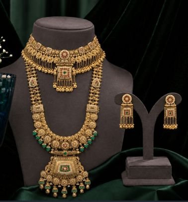 Divine Jewellery Antique Bridal Layered Temple Necklace Set with Earrings | 92.5 Silver Gold Plated Traditional Wedding Jewellery
