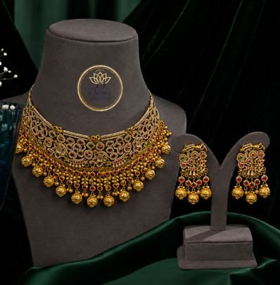 Divine Jewellery Antique Bridal Choker Necklace Set with Earrings | 92.5 Silver Gold Plated Traditional Wedding Jewellery