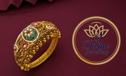 Divine Jewellery Antique Designer Green Floral Kada Bracelet (92.5 Silver Gold Plated)