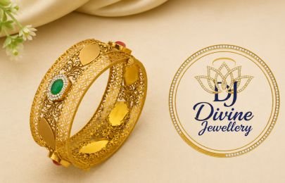 Divine Jewellery Antique Emerald Stone Designer Kada Pair (92.5 Silver Gold Plated)