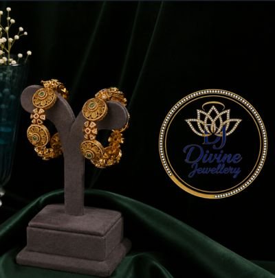 Divine Jewellery Antique Emerald Floral Kada Bangles Pair | 92.5 Silver Gold Plated