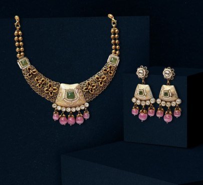 Divine Jewellery Antique Filigree Necklace Set with Green Stone Centerpiece and Pink Bead Drops