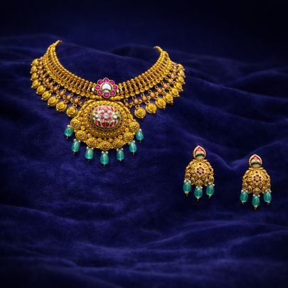 Divine Jewellery Antique Floral Temple Choker Necklace Set with Pink Enamel Detailing and Green Bead Drops