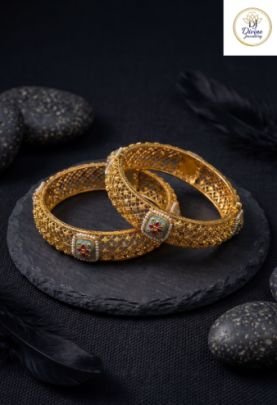Divine Jewellery Antique Floral Mesh Bangles with Kundan Motifs & Pearl Detailing in 92.5 Silver with Gold Plating