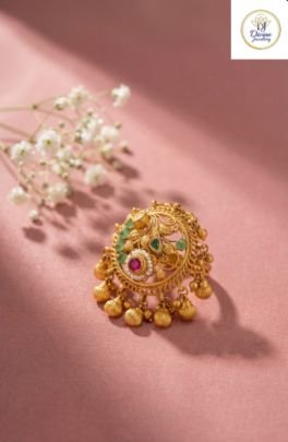 Divine Jewellery Antique Floral Kundan Statement Ring with Jhumka Drops in 92.5 Silver with Gold Plating
