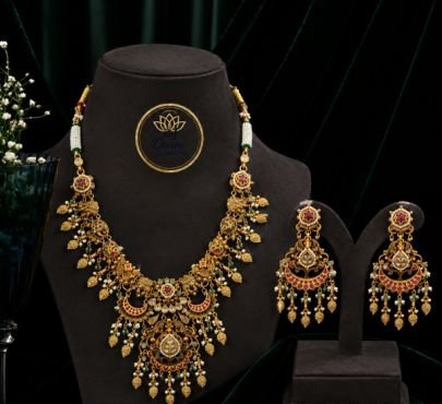 Divine Jewellery Antique Floral Temple Necklace Set for Women | 92.5 Silver Gold Plated Bridal Statement Necklace with Earrings