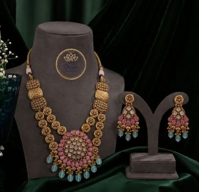 Divine Jewellery Antique Floral Pendant Gold Plated Silver Necklace Set with Earrings
