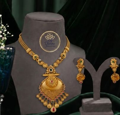Divine Jewellery Antique Gold Plated Royal Temple Long Necklace Set with Designer Jhumka Earrings