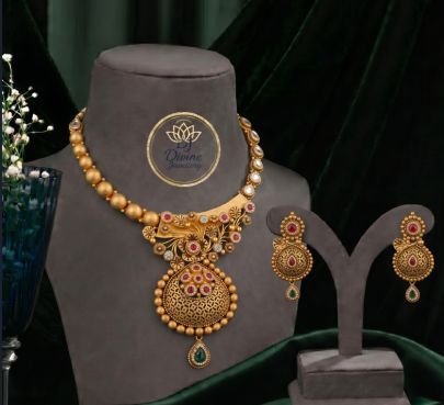 Divine Jewellery Antique Gold Plated Floral Choker Necklace Set with Designer Earrings