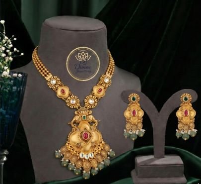 Divine Jewellery Antique Gold Plated Royal Temple Necklace Set with Green Bead Earrings