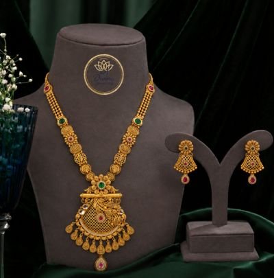 Divine Jewellery Antique Gold Plated Long Pendant Necklace Set for Women | Traditional Temple Style Jewellery with Matching Earrings | Ethnic Bridal J
