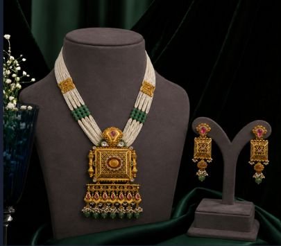 Divine Jewellery Antique Gold Plated Beaded Temple Necklace Set for Women | Traditional Long Pendant Jewellery with Matching Earrings | Ethnic Bridal 