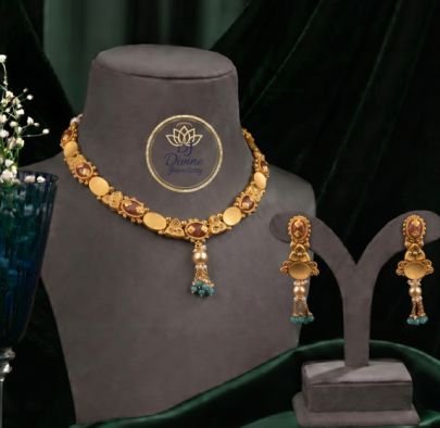 Divine Jewellery Antique Gold-Plated Traditional Necklace Set with Green Beads and Pearl Drops