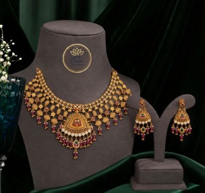 Divine Jewellery Antique Gold-Plated Lakshmi Coin Necklace Set with Pearl Drops & Designer Earrings