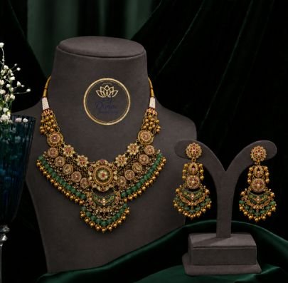 Divine Jewellery Antique Gold Plated 92.5 Silver Green Beaded Bridal Necklace Set with Earrings