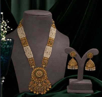 Divine Jewellery Antique Gold Pearl Haaram Necklace Set with Matching Jhumkas