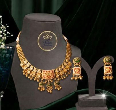Divine Jewellery Antique Gold Meenakari Mango Mala Choker Set with Square Drop Earrings