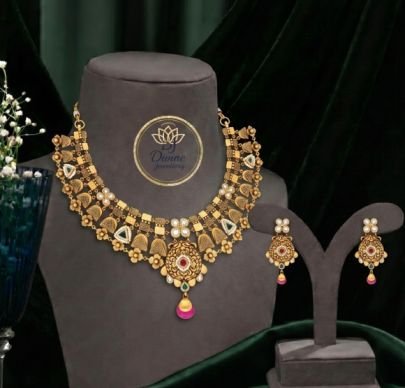 Divine Jewellery Antique Gold Bridal Necklace Set with Kundan & Meenakari Work | DJ Divine Jewellery
