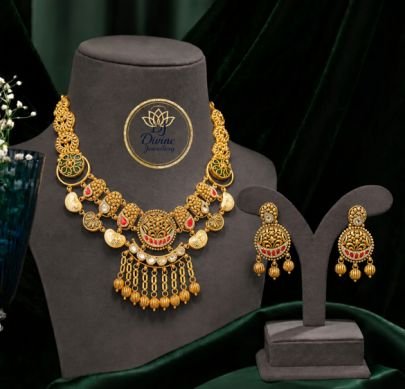 Divine Jewellery Antique Gold-Plated 92.5 Silver Traditional Necklace Set with Earrings | Temple Coin Design Ruby Green Stone Bridal Jewellery