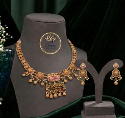 Divine Jewellery Antique Gold-Plated 92.5 Silver Traditional Pendant Necklace Set with Earrings