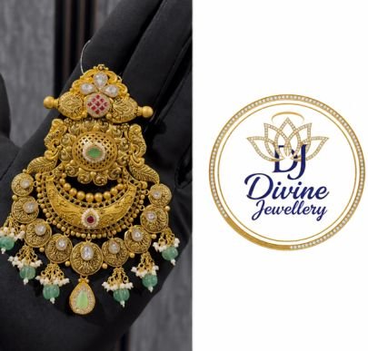 Divine Jewellery Antique Gold-Plated Silver Temple Pendant Set with Green Beads