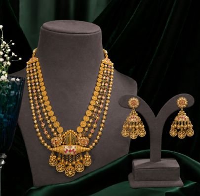 Divine Jewellery Antique Gold-Plated 92.5 Silver Coin Layered Temple Necklace Set with Designer Jhumka Earrings