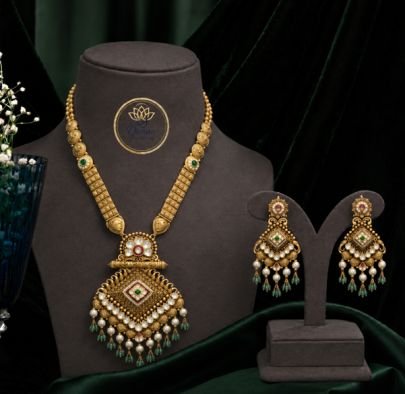 Divine Jewellery Antique Gold-Plated 92.5 Silver Royal Pendant Necklace Set with Pearl Drops & Designer Earrings