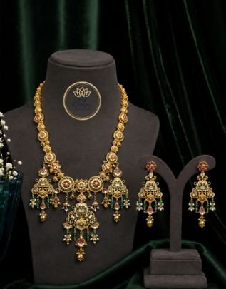 Divine Jewellery Antique Gold-Plated 92.5 Silver Temple Choker Necklace Set with Lakshmi Pendant & Designer Jhumka Earrings