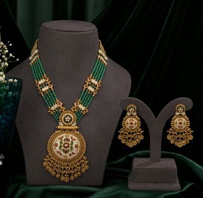 Divine Jewellery Antique Gold-Plated 92.5 Silver Traditional Green Beads Statement Necklace Set with Earrings
